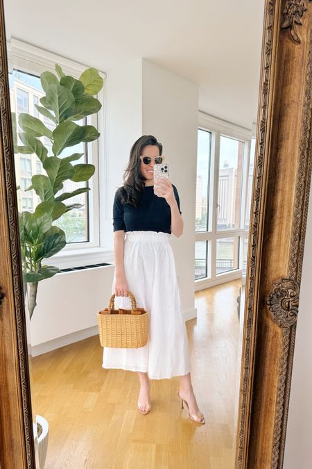 White eyelet skirt, size xs. Target finds! 

Navy boat neck top Ralph Lauren, size s. I have this top in every color, it’s a timeless style that I love and it goes with everything.

JMClaughlin wicker bag from last summer. 

Clear heels, true to size, Mango.

#LTKTravel #LTKFindsUnder50 #LTKStyleTip