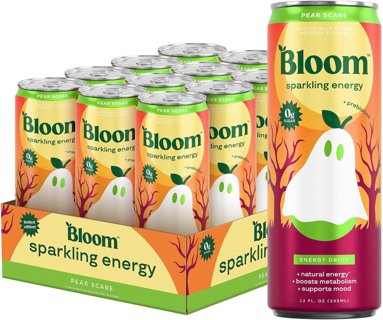 Bloom Nutrition Zero Sugar Energy Drink, Pear Scare, 12oz 12pk | Amazon (US)