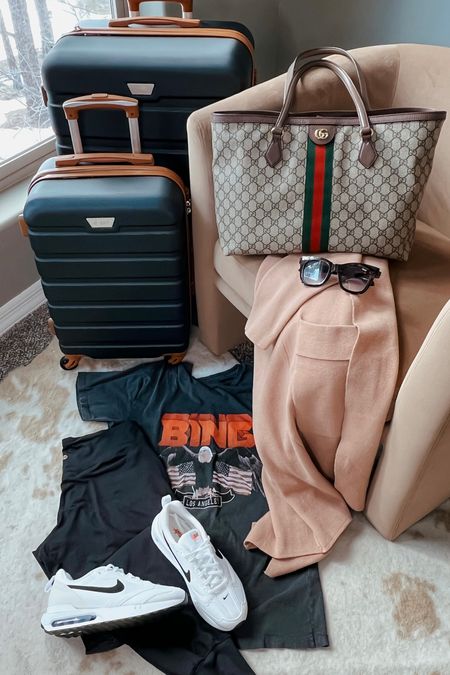 Travel outfit, everyday casual daily style,
The best affordable joggers, comfy sneakers , the best layering Cardigan coatigan, black amazon travel luggage, 
Sz med in tee and joggers and small in coatigan, sneakers tts 
Go to sunglasses, Gucci tote bag 
Target home side chair ...


#LTKtravel #LTKshoecrush #LTKFind