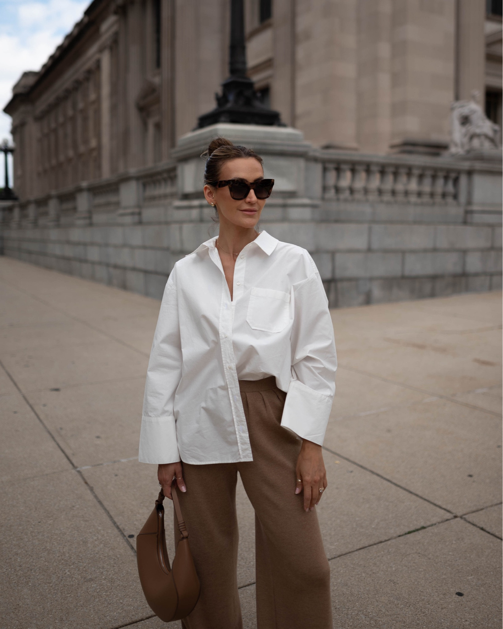 Coolest poplin oversized cut button up shirt, love the modern wide cuffs and length! Wearing size 4 for extra room! Bag under $70
Short is a great fall staple w a modern twist! 

#LTKStyleTip #LTKWorkwear #LTKItBag