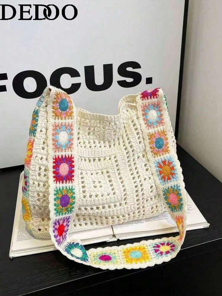Dedoo Fashionable Bohemian Style Multicolor Crossbody Shoulder Bag, Hollow Woven Grandma Plaid Cr... | SHEIN