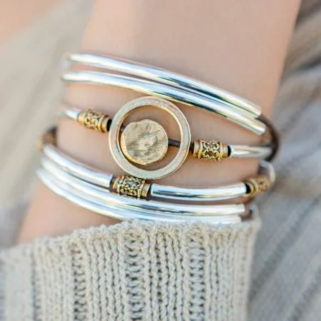 Lizzy James Cielo Mixed Gold and Silver Metal Circle Natural Brown Gray Leather Wrap Women s Bracele | Walmart (US)