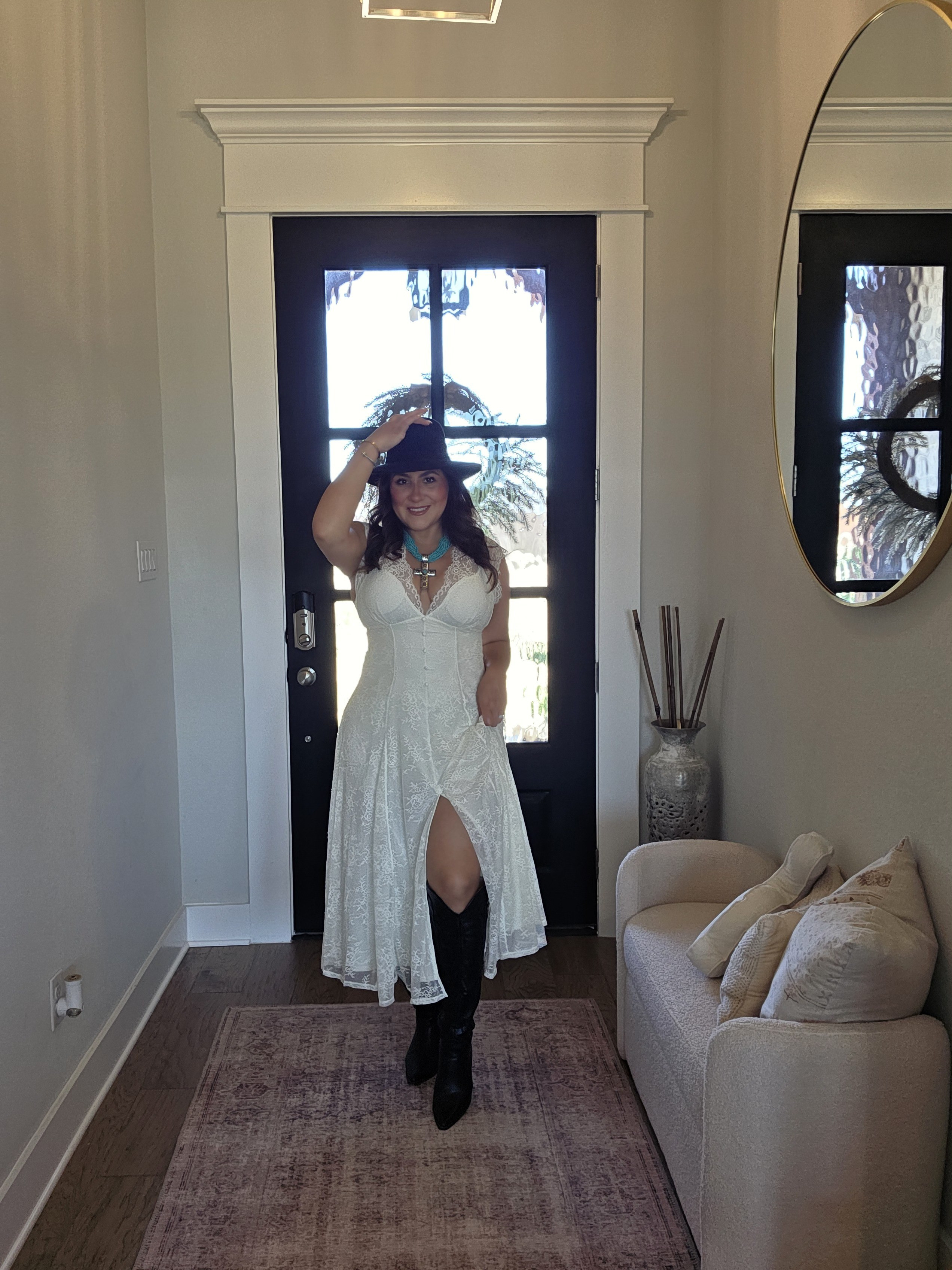 Shapewear Boho Floral Lace Front Slit Maxi DressWearing size large, available in multiple colors 

