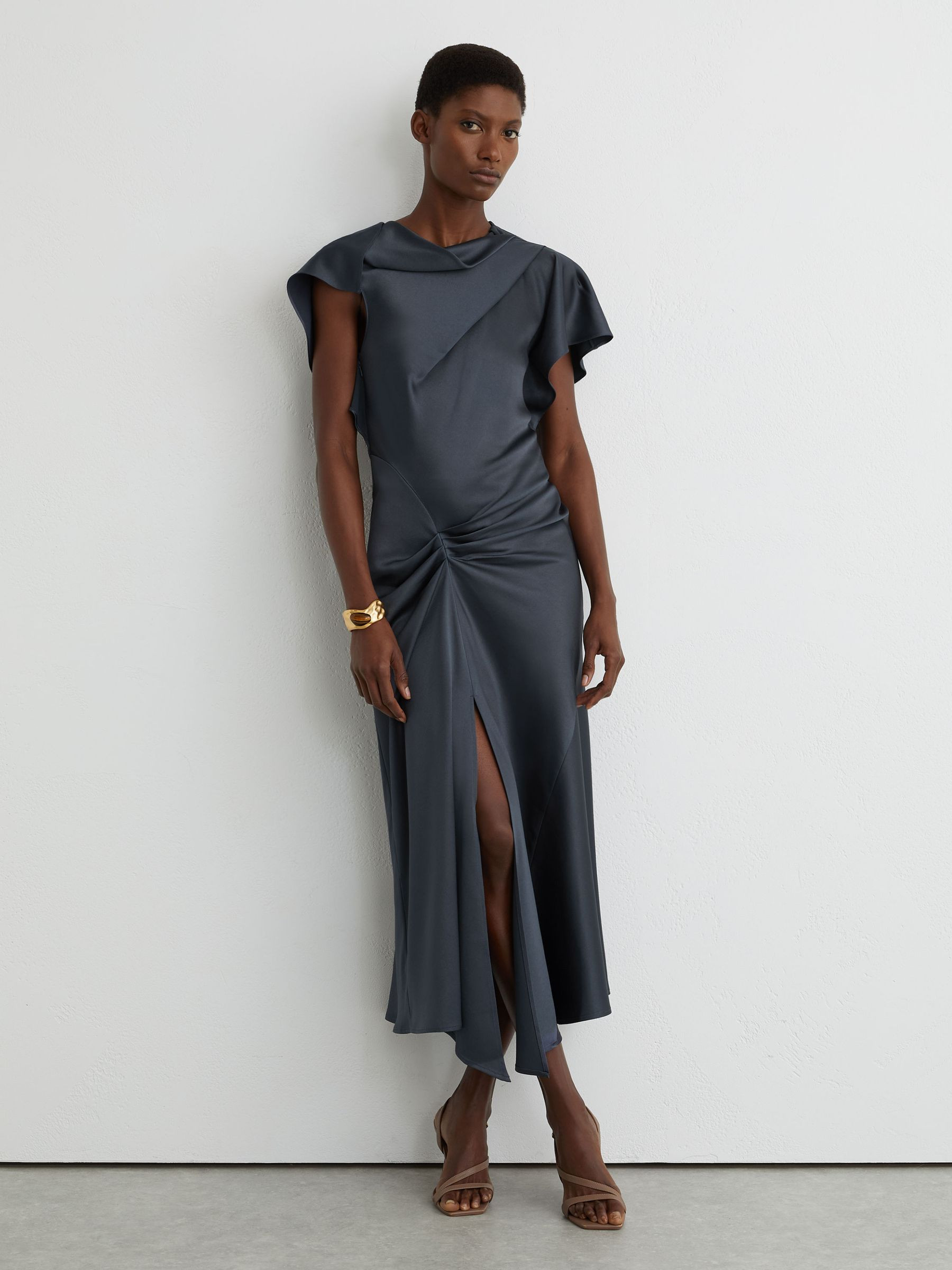 Reiss Satin Drape-Detail Midi Dress in Slate Grey - REISS | Reiss UK