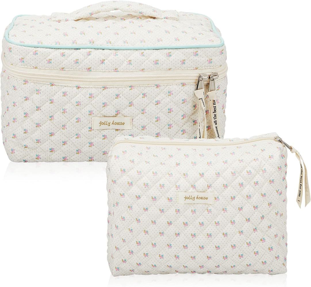 Zeyune 2 Pcs Cotton Quilted Makeup Bag Large Travel Coquette Makeup Bag Aesthetic Cute Floral Mak... | Amazon (US)