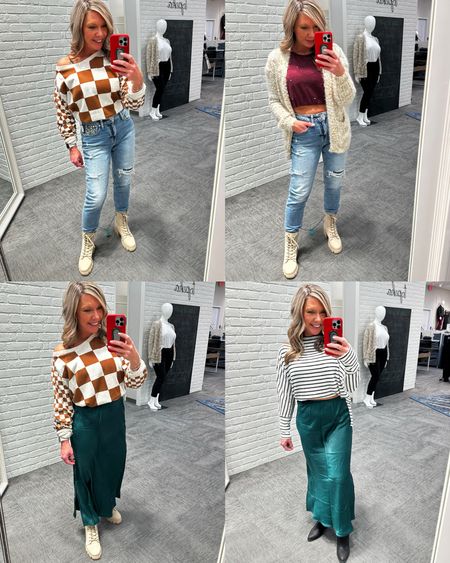 I’m usually found wearing Buckle clothes but decided to hop into our neighbor, Maurice’s today because their fitting room area is 😘😘😘😘 Found some fun things to try on. The checkered pullover is a 2x and way oversized but I have it tucked. Small green skirt. Size 6 jeans- a bit oversized but I liked them a bit looser.  They had the cutest grommet metal details and a tapered leg! 🩷

#LTKsalealert #LTKHoliday #LTKfindsunder50