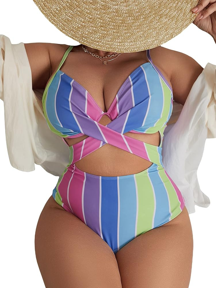 WDIRARA Women's Plus Size Striped Cutout Criss Cross One Piece Swimsuit Monokini | Amazon (US)