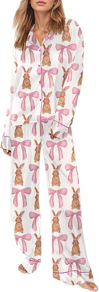 Women Silk Satin Pajamas Sets Cute Print Long Sleeve Button Down Shirt Palazzo Pants Y2k 2 Piece ... | Amazon (US)