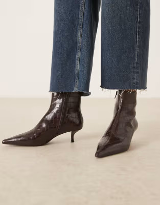 Mango kitten heel pointed ankle boots in dark brown croc | ASOS (Global)