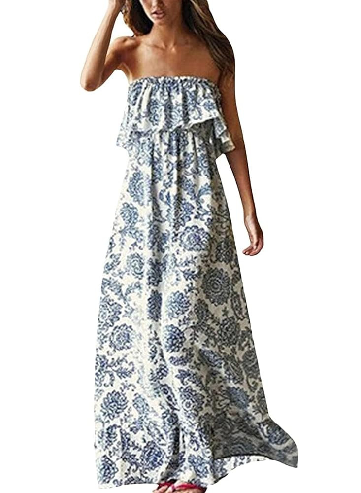 ZMPSIISA Women's Summer Off The Shoulder Maxi Dress Ruffle Strapless Blue White Porcelain Boho Ca... | Amazon (US)