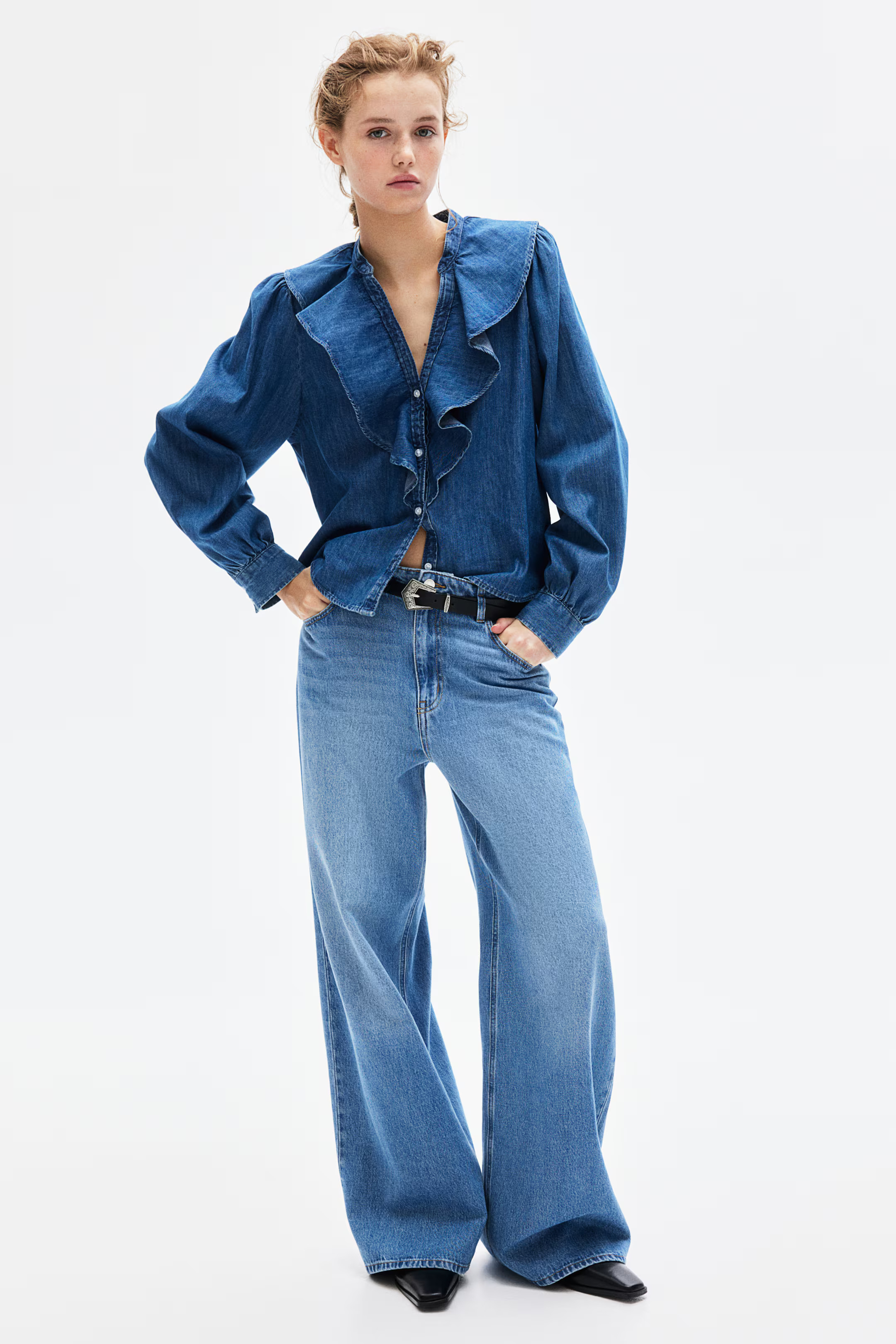 Flounce-Trimmed Denim Blouse - Denim blue - Ladies | H&M US | H&M (US + CA)