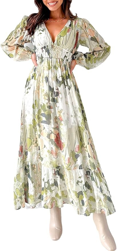 Sissyaki Women's Long Sleeve Boho Floral Maxi Dress Smocked Beach Flowy Dress | Amazon (US)
