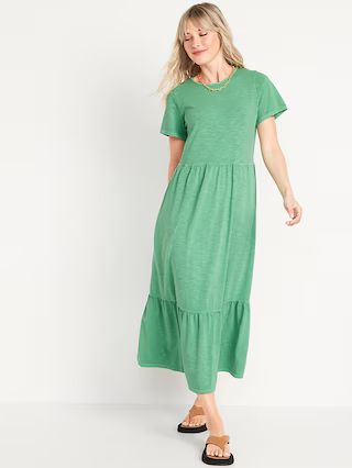 Short-Sleeve Slub-Knit Tiered Midi Swing Dress for Women | Old Navy (US)