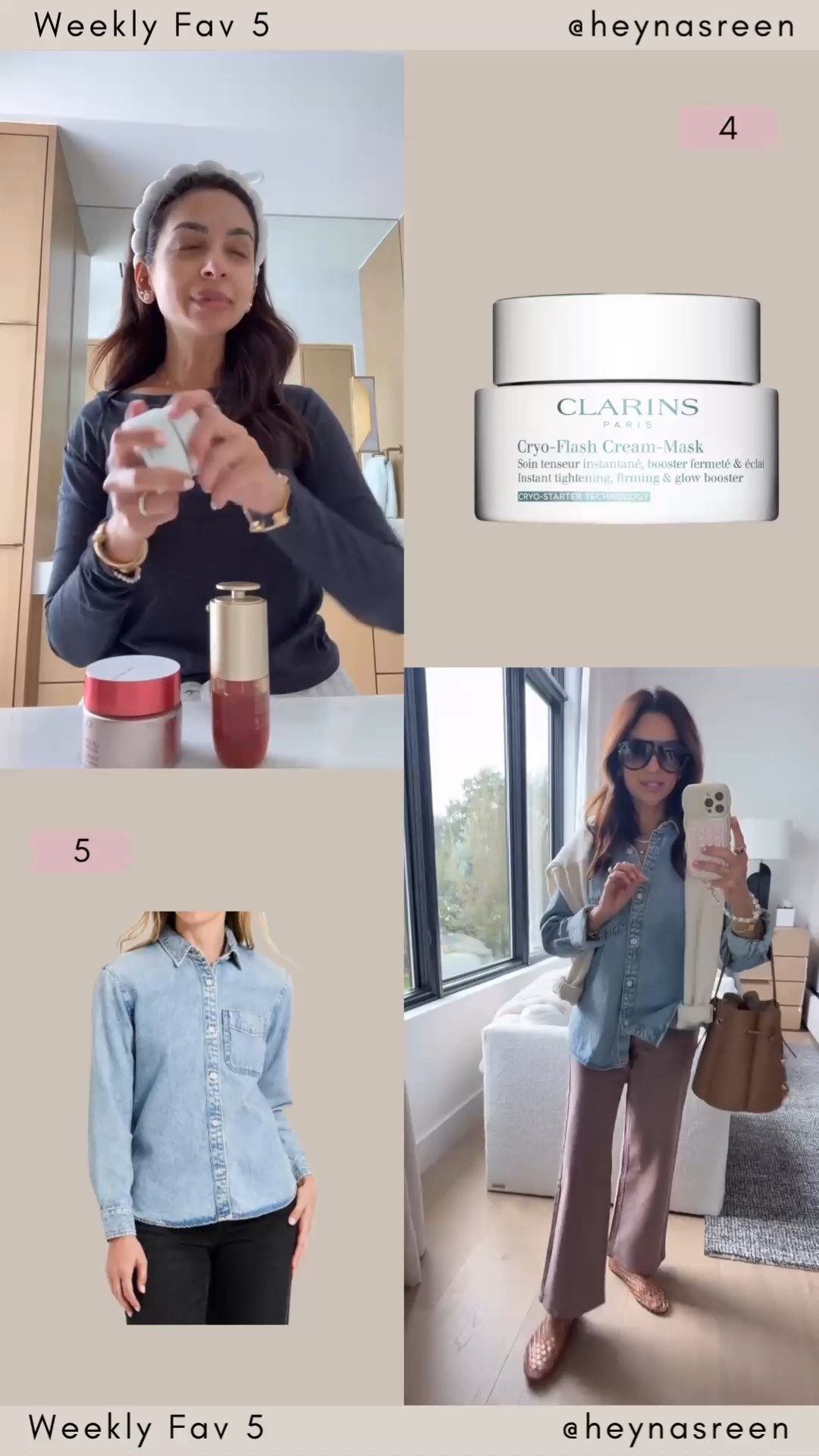 Fav 5:
#4: Clarins cyro mask, my fav mask for that glass skin look.
#5: Target denim shirt, I’m wearing my normal size XS. 
