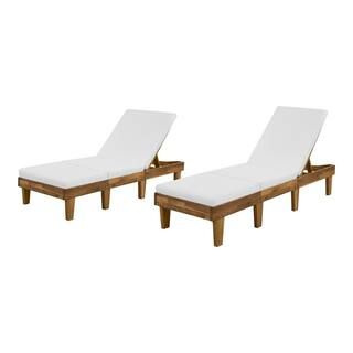 Natural Brown Wood Outdoor Chaise Lounge with CushionGuard White Cushion | The Home Depot