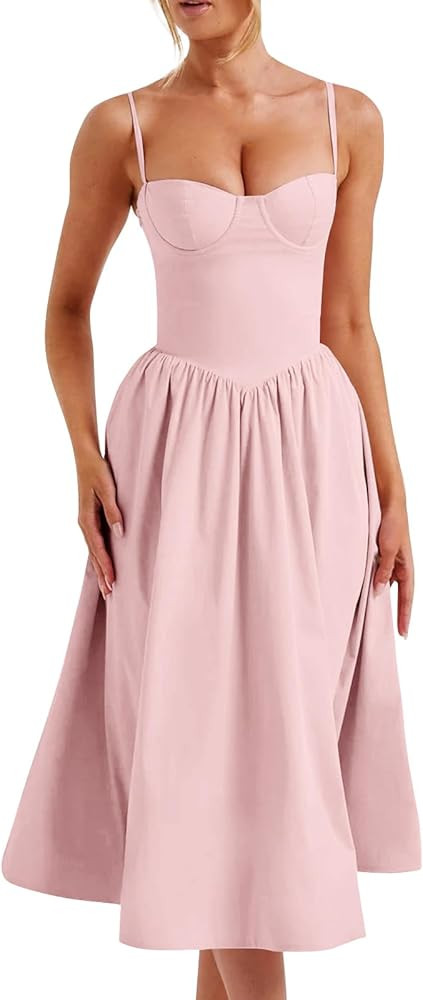 Corset Dress for Women Formal Spaghetti Strap Bustier Midi Dresses Flowy Pleated Hem Corset Sundr... | Amazon (US)