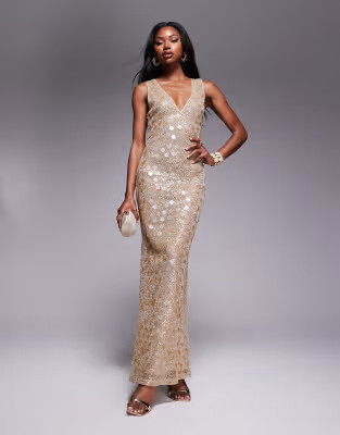 ASOS DESIGN statement embellished textured plunge maxi dress with mixed sequins in gold | ASOS | ASOS (Global)