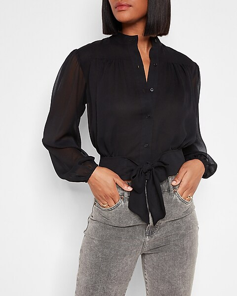 Button Down Front Tie Waist Top | Express