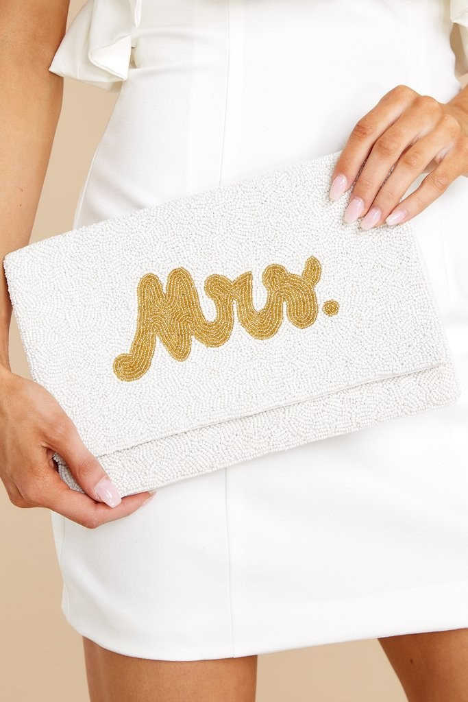 Pop The Champagne White And Gold Beaded Clutch | Red Dress 