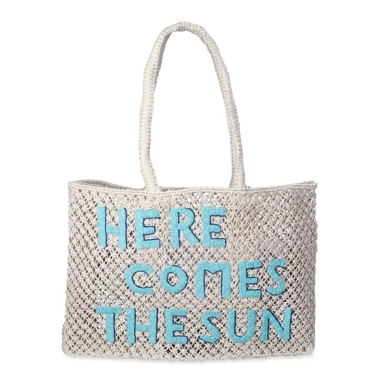 No Boundaries Women's Woven Beach Tote Bag, Natural Sun | Walmart (US)