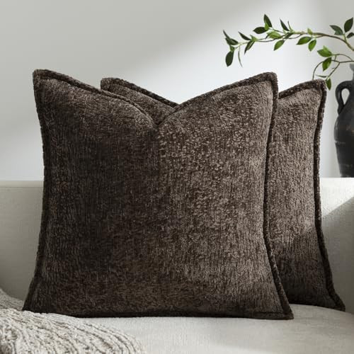 DEZENE Pack of 2 Chocolate Brown Decorative Throw Pillow Covers 24x24 Cozy Soft Chenille Accent Vintage Square Couch Pillow Covers for Home Decor Bed Sofa Living Room | Amazon (US)