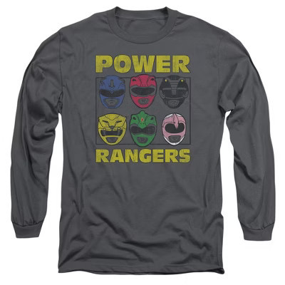 Men’s Power Rangers Ranger Heads Long Sleeve T-Shirt Charcoal X Large | Target