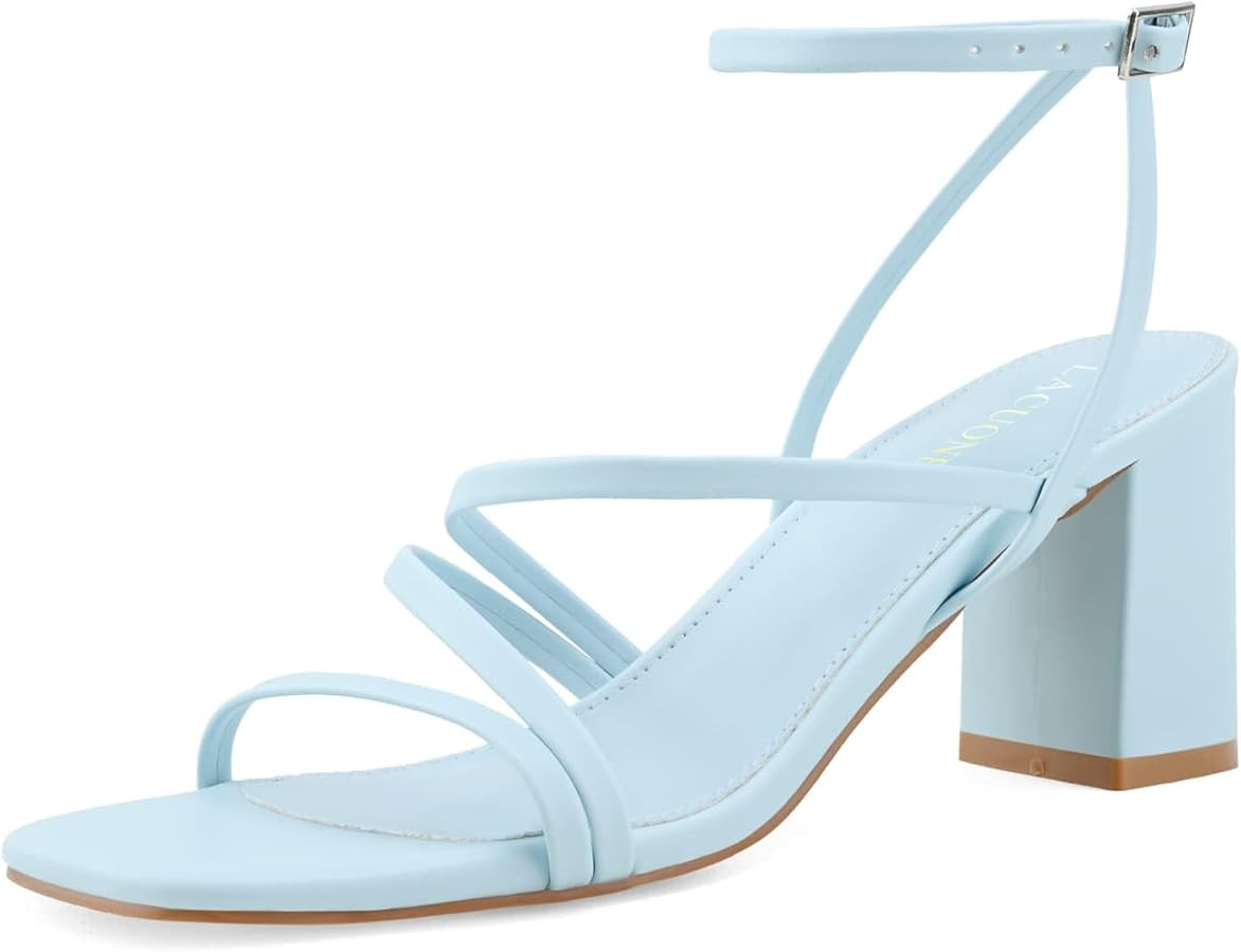 LACUONE Strappy Heels for women Block Heels Square Toe Chunky Ankle Buckle Pump Heeled Sandals | Amazon (US)
