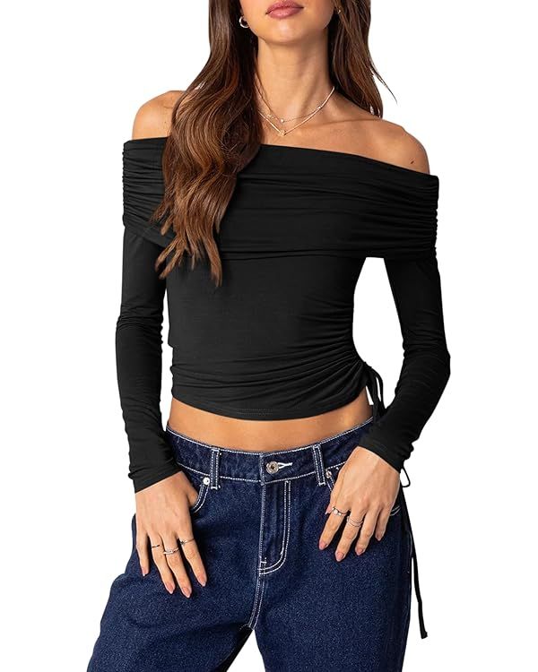 Tankaneo Womens Off Shoulder Tops Going Out Y2k Ruched Slim Fitted Long Sleeve Crop Shirts | Amazon (US)