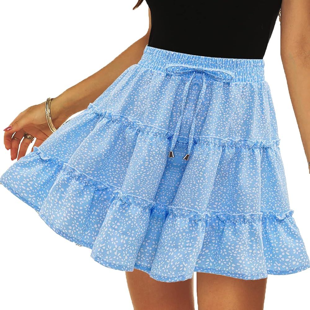 Amazon.com: POGTMM Womens Ruffle Flowy Mini Skirt High Waist A Line Short Skirt Casual Summer Swing  | Amazon (US)