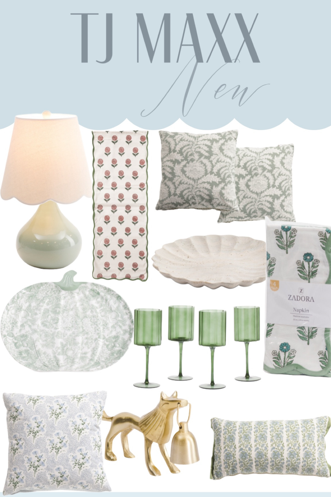 Grand millennial , pretty home style new arrivals ! Black print pillows , blockprint table runner,  blockprint napkins, fluted wine glasses, scallop lamp shade lamp. 