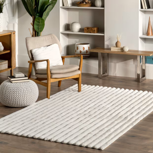 White Kris Washable Striped Faux Rabbit 3' 9" x 6' Area Rug | Rugs USA