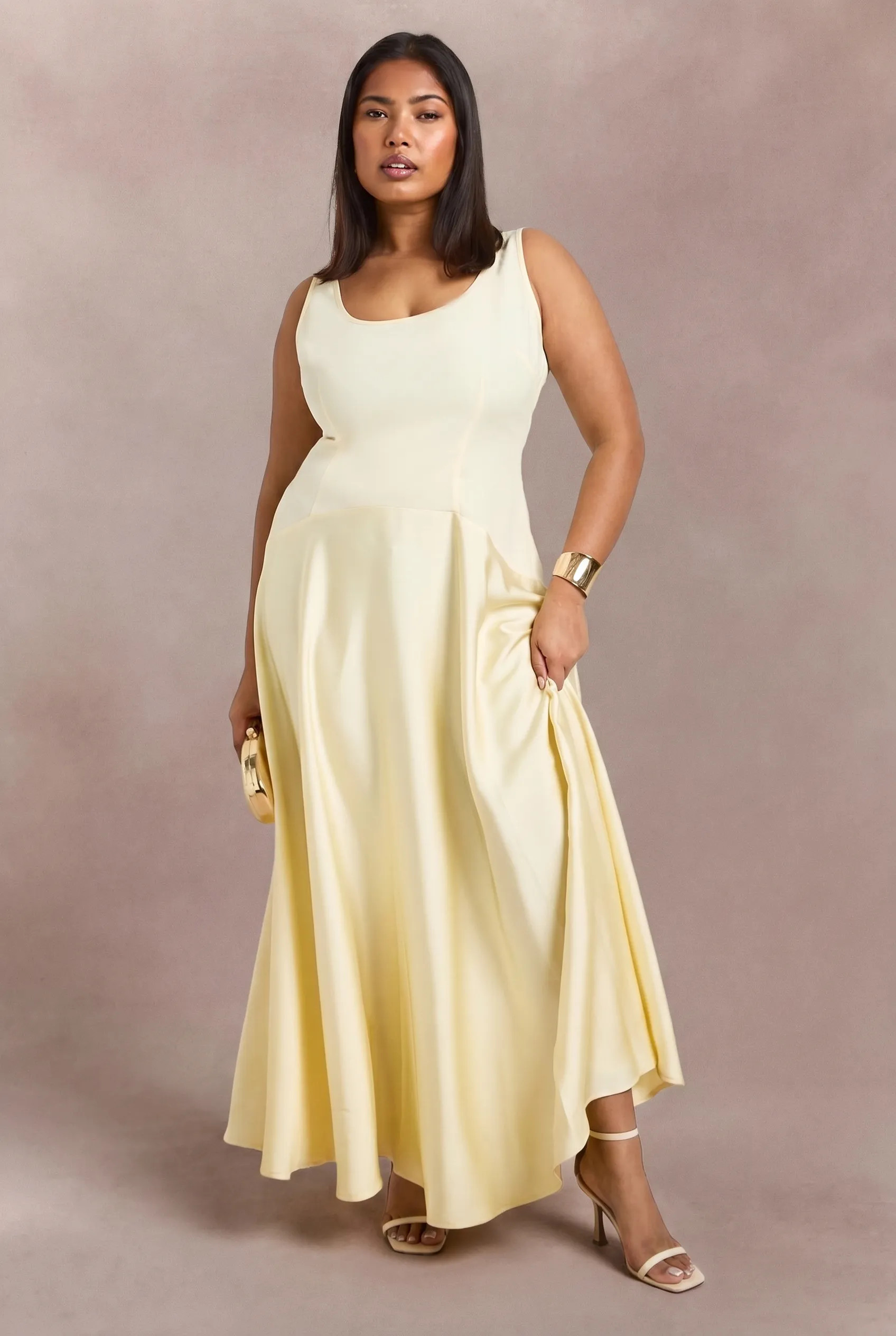 Lemon Plus Crepe Sleeveless Dress With Satin Skirt | Boohoo | Boohoo.com (UK & IE)