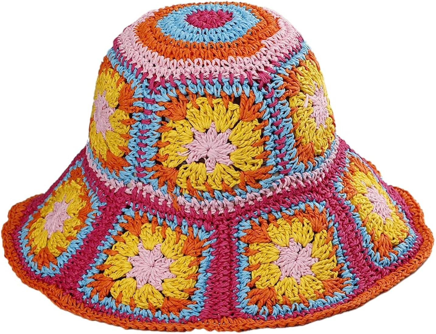Womens Straw Sun Hat Floral Woven Bucket Hat Fishing Hat Beach Hat Hand Woven Foldable Cap | Amazon (US)