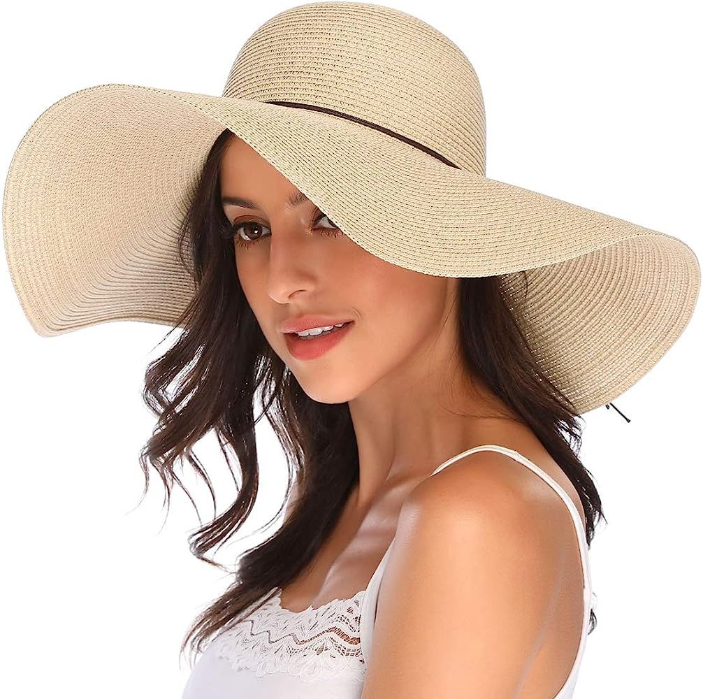 Womens 5.5 Inches Wide Brim Straw Hat Floppy Foldable Roll up Cap Beach Sun Hat UPF 50+ | Amazon (US)