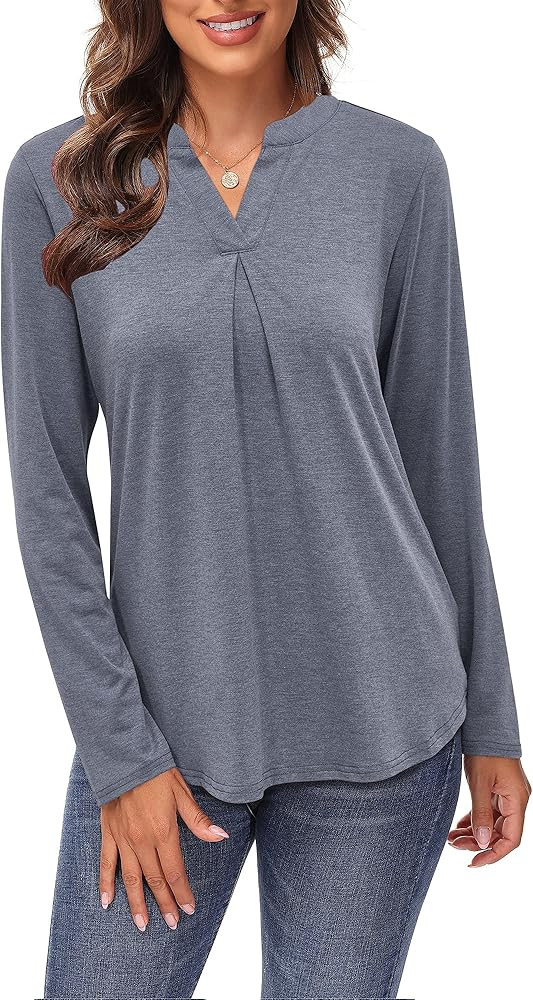 Arach&Cloz Women's Long Sleeve V Neck Shirt Plain Pleated Fall Tunic Tops Casual Loose Blouses | Amazon (US)