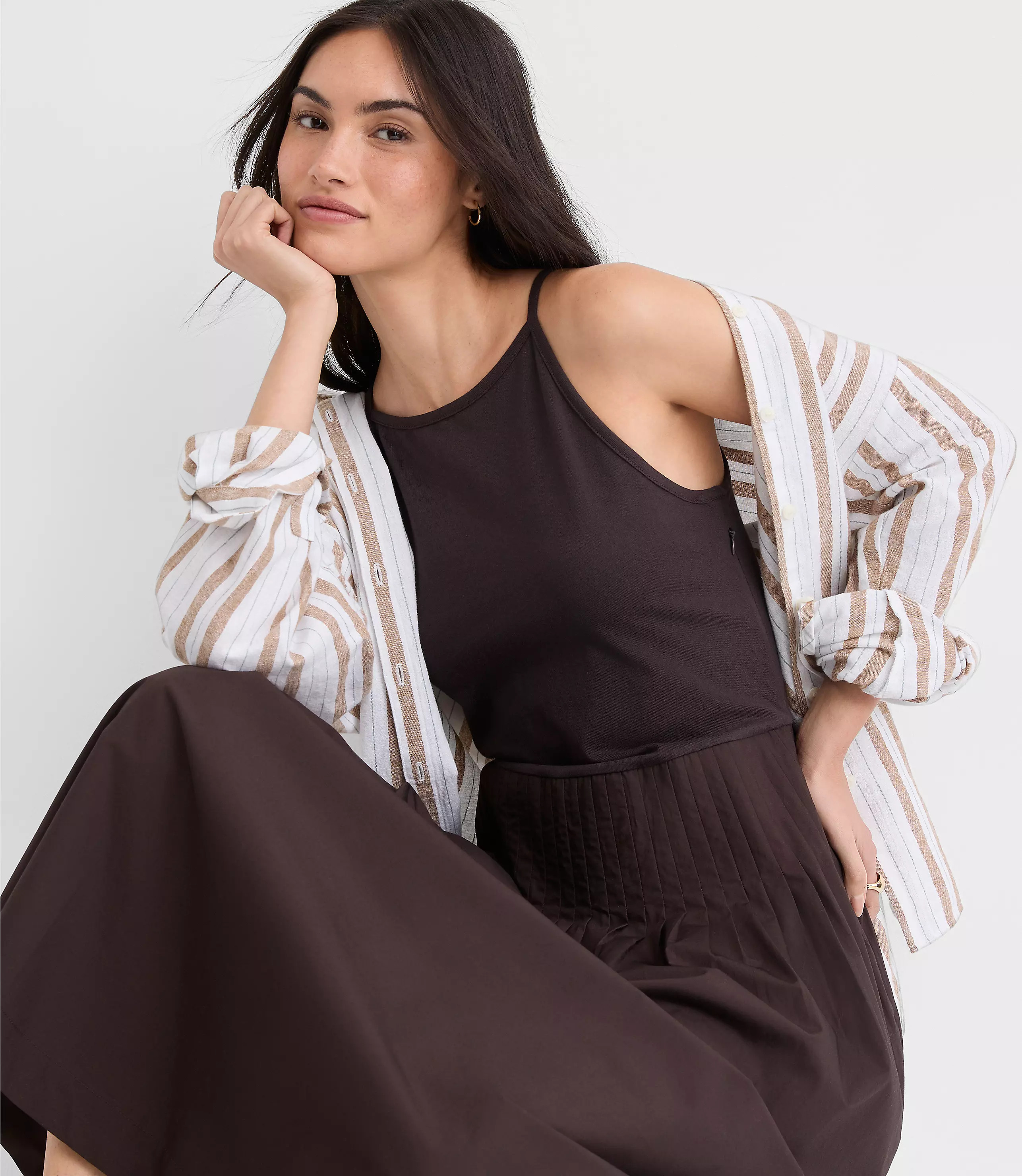 Pleated Mixed Media Midi Halter Dress | LOFT