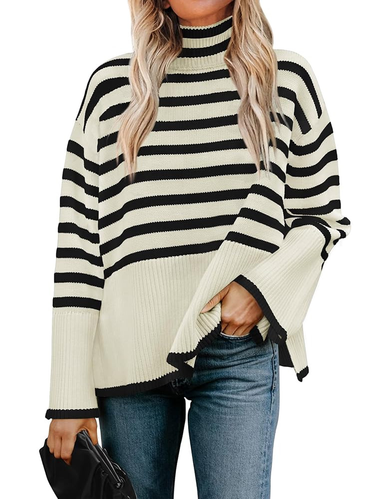 ZESICA Women's Winter Sweaters Casual Turtleneck Long Sleeve Striped Side Slit Loose Pullover Swe... | Amazon (US)