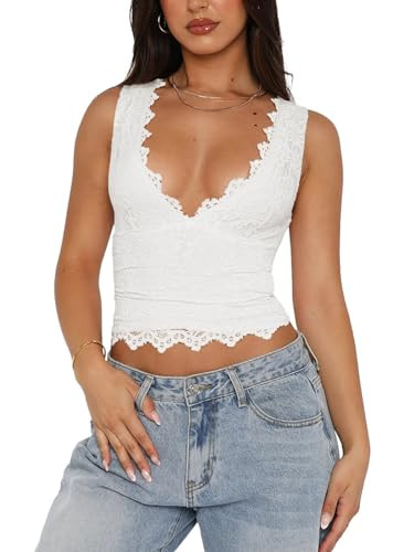 REORIA Womens Sexy V-Neck Sleeveless Double Lined Going Out Y2K Trendy Lace Cropped Tank Tops | Amazon (US)