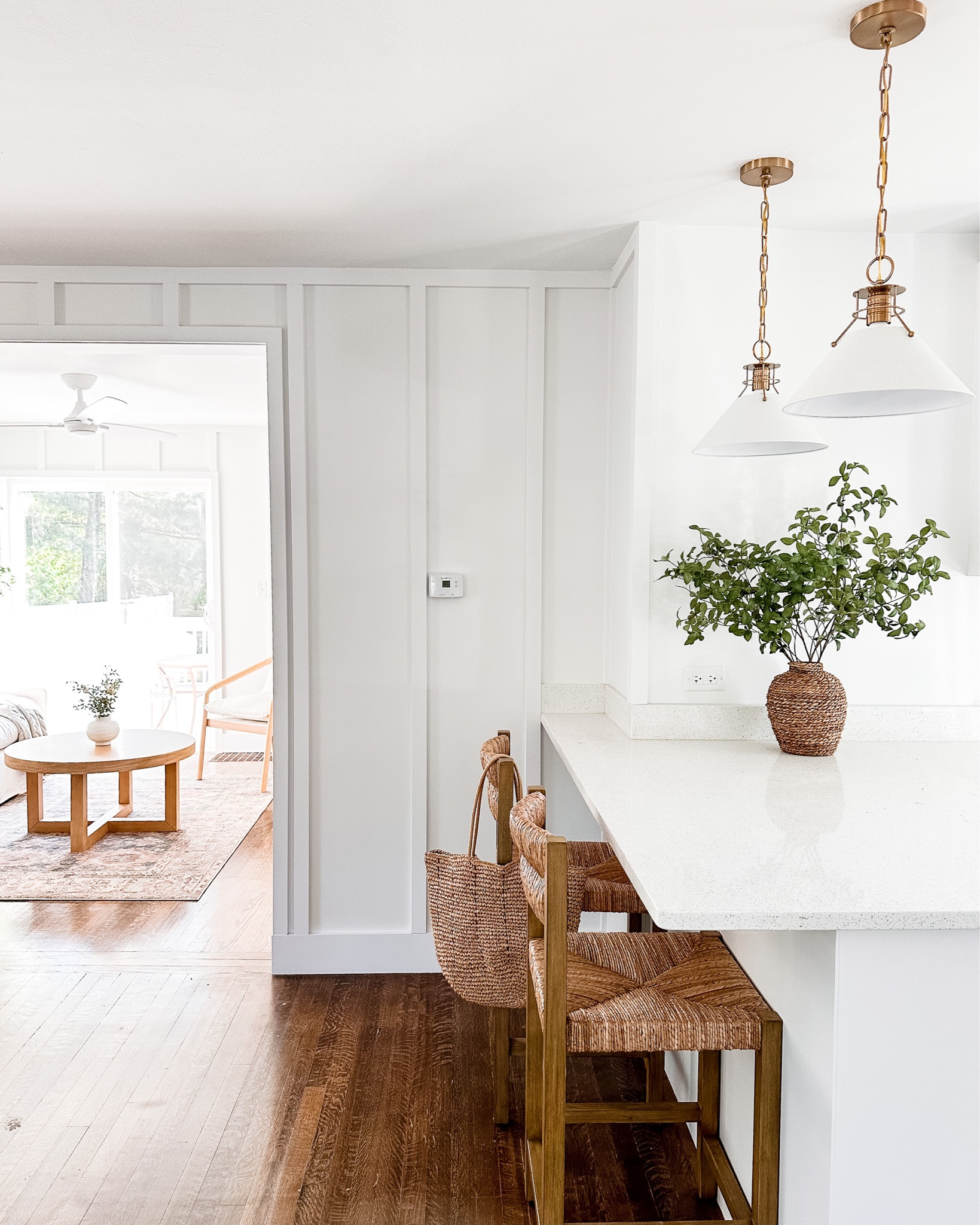Kitchen details at the Guest Cottage project!🤍
~~~~

Woven Counter stools, wicker vase, white and gold pendant lights, hearth and hand stems, tote bag, white kitchen, kitchen decor, kitchen lighting, coastal decor, coastal farmhouse, neutral home

#LTKhome #LTKunder100 #LTKFind