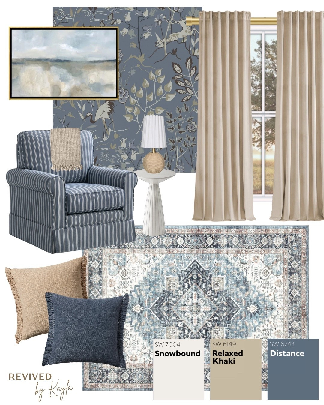 Blue and khaki room design mood board 🤍 I can see this as a living room, a bedroom, or an office! Paint colors from Sherwin Williams 

#bluedecor #homedecor #homedesign #homeinspo #homestyling #bedroom #livingroom #office #decor #design #home #navyblue #beige #paintcolors #wallpaper #curtains #accentchair #rug #sidetable #throwpillows 

#LTKFindsUnder100 #LTKFindsUnder50 #LTKHome
