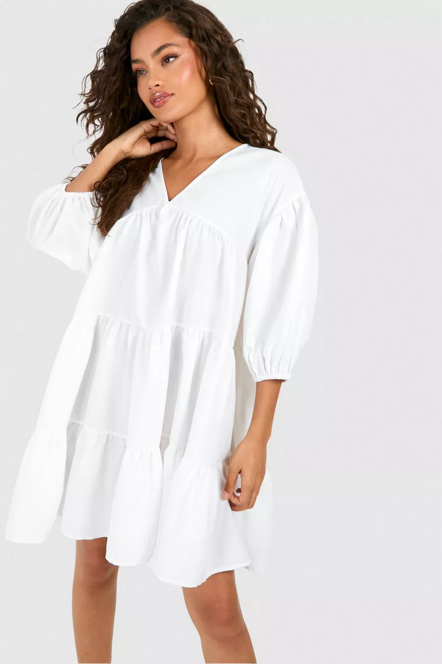 Poplin V Neck Tiered Smock Dress | Boohoo.com (NL)