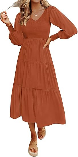 ZESICA Women's Casual Long Sleeve Crew Neck High Waist Smocked Flowy Tiered Midi Dress | Amazon (US)