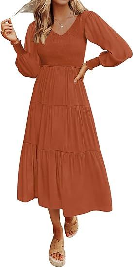 ZESICA Women's Casual Long Sleeve Crew Neck High Waist Smocked Flowy Tiered Midi Dress | Amazon (US)