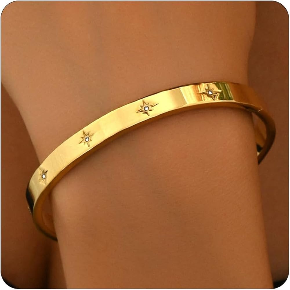 Gold bracelet for Women 18K Gold Plated Bamboo Watch Band Star Labyrinth Bangle Bracelets Dainty ... | Amazon (US)