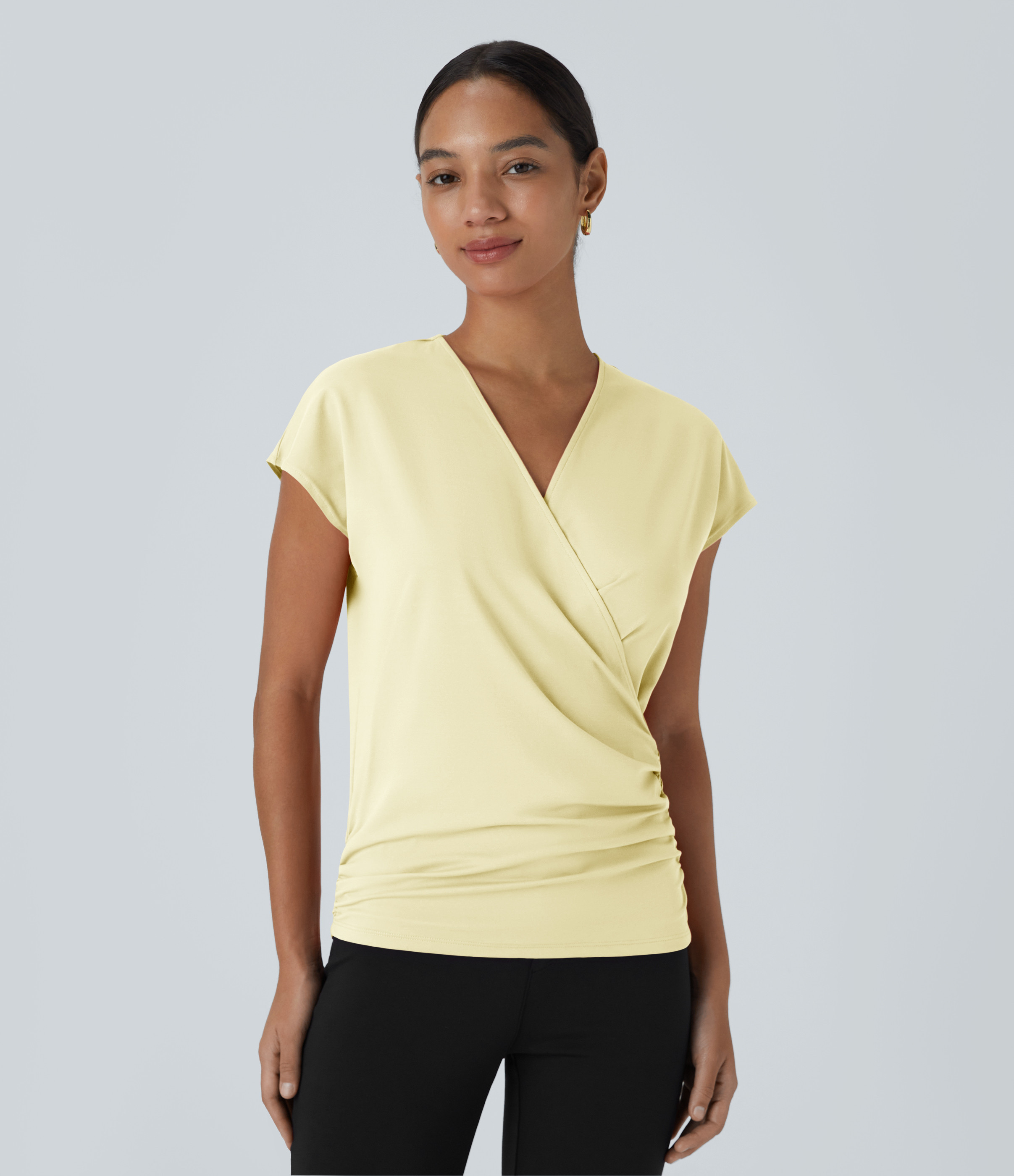 Halara V Neck Cap Short Sleeve Crossover Ruched Solid Womens Work Blouse Top Shirt - Vague Yellow - L | Halara-AU