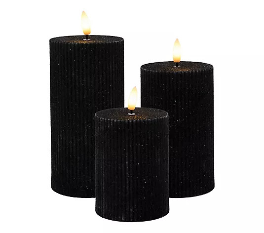 LumaBase Battery-Operated Black Fluted Pillar Candles Set | QVC