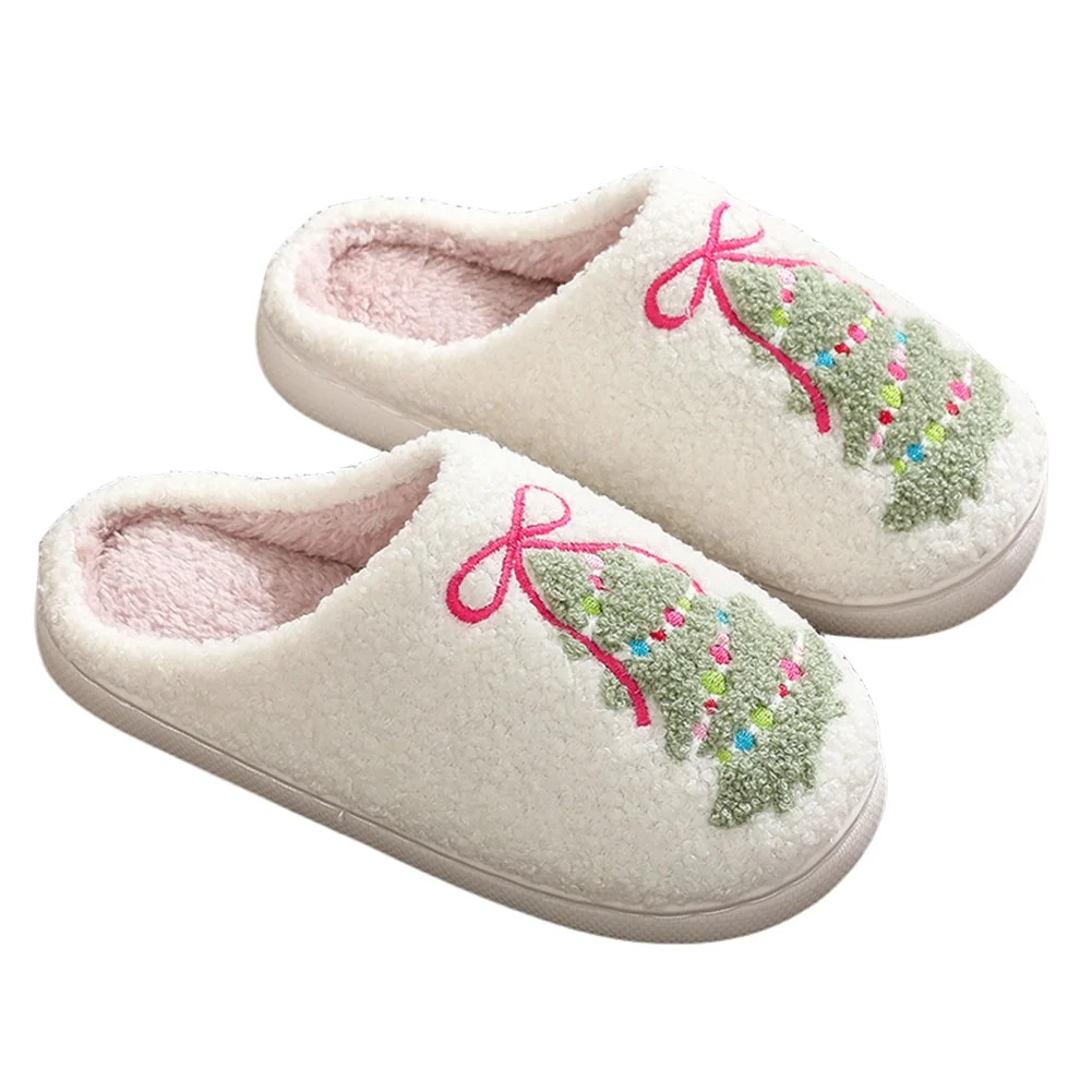 Christmas Plush Slippers Tree Bow Pattern Slippers, Slip-On Warm House Shoes for Christmas Party ... | Walmart (US)