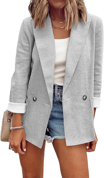 Sidefeel Women Casual Blazers Open Front 3/4 Sleeve Ruched Cardigan Work Office Suit Jacket | Amazon (US)