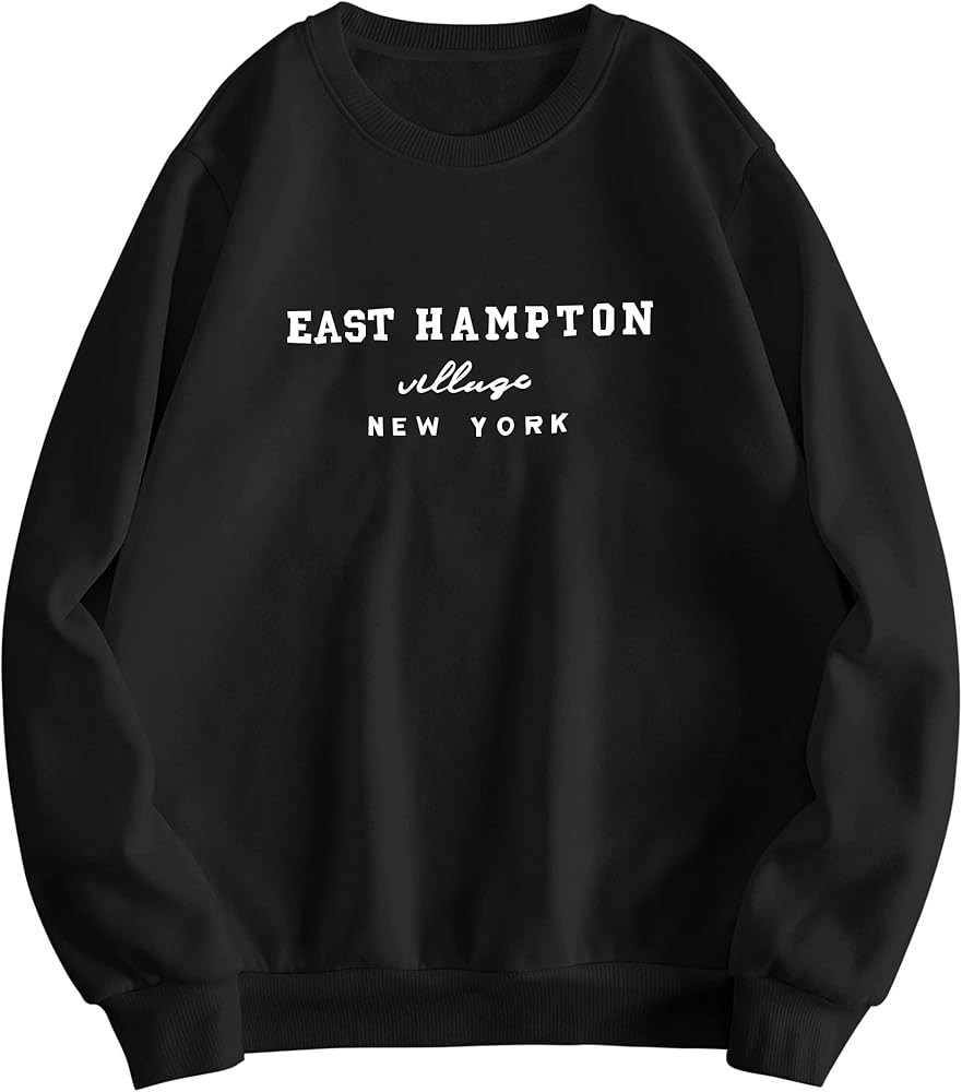 Lauweion Women’s East Hampton Letter Print Graphic Sweatshirt Oversized Drop Shoulder Fleece Teen Gi | Amazon (US)