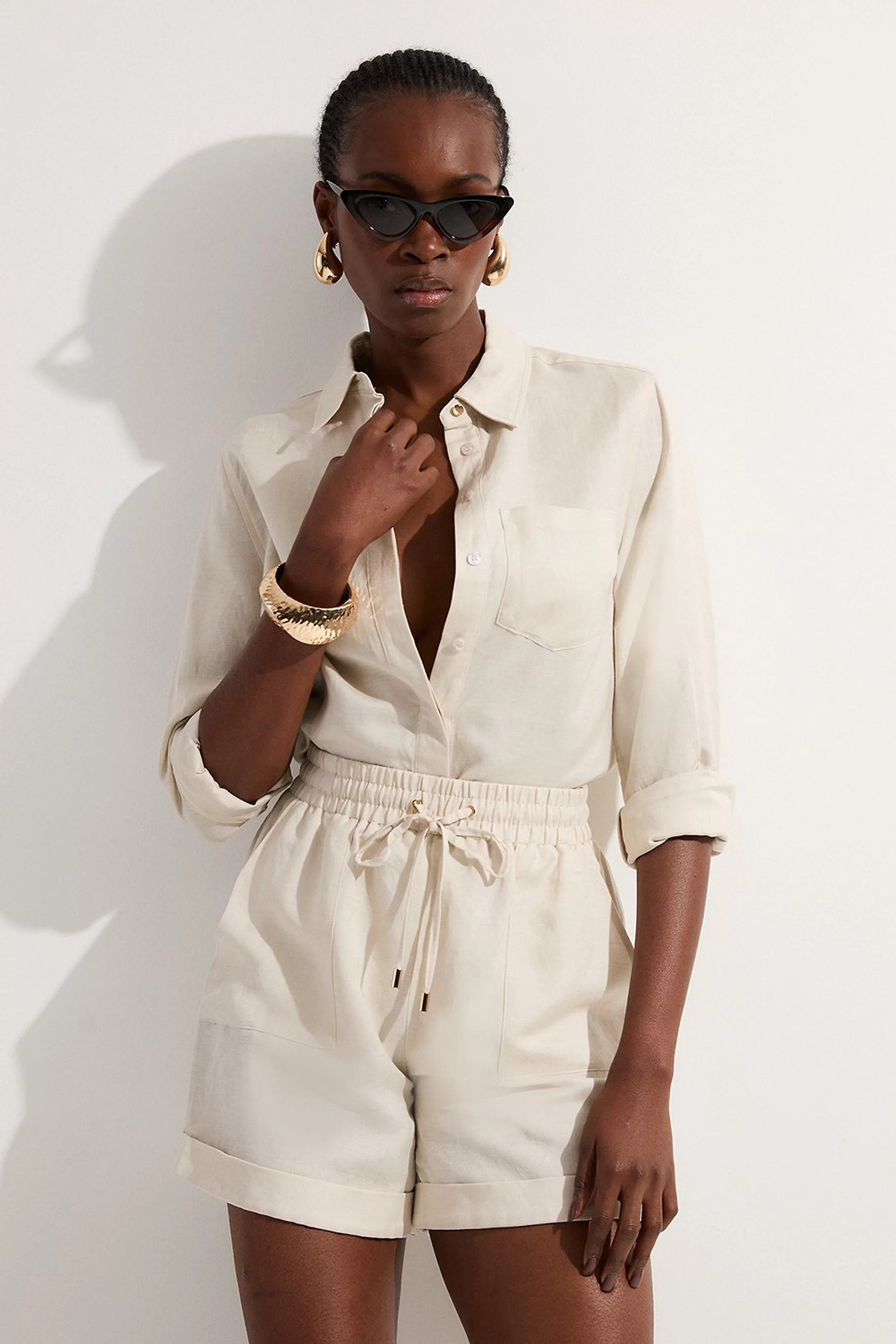 Viscose Linen Tie Waist Woven Short | Karen Millen UK + IE + DE + NL